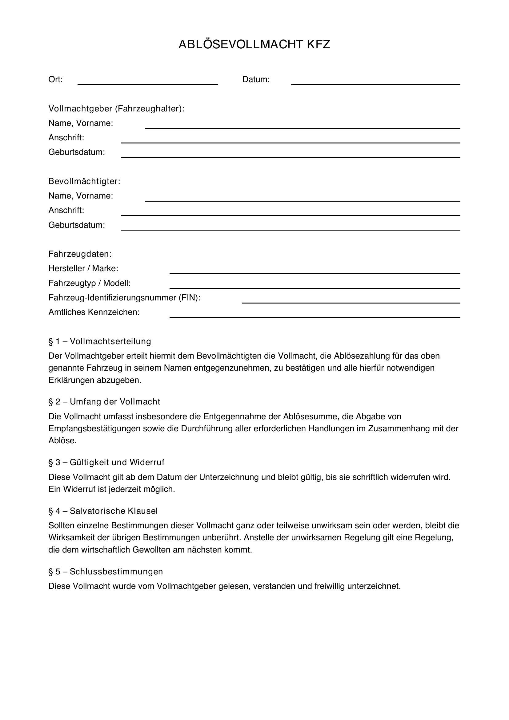 Ablösevollmacht Kfz Vorlage