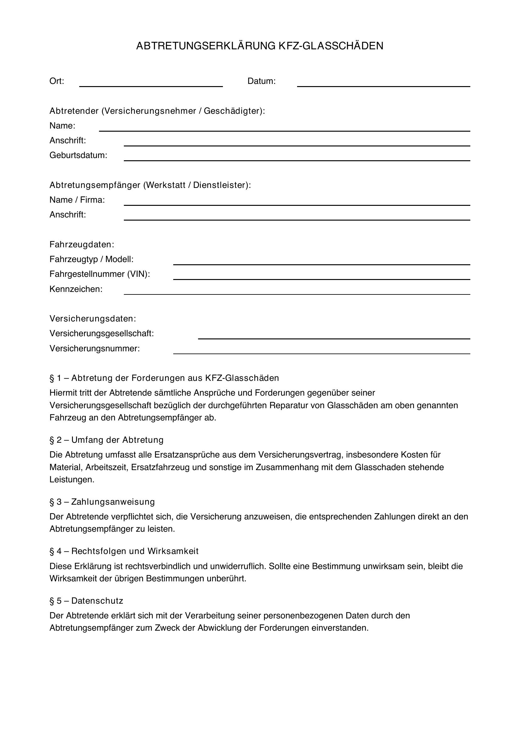 Abtretungserklärung Kfz Glasschäden