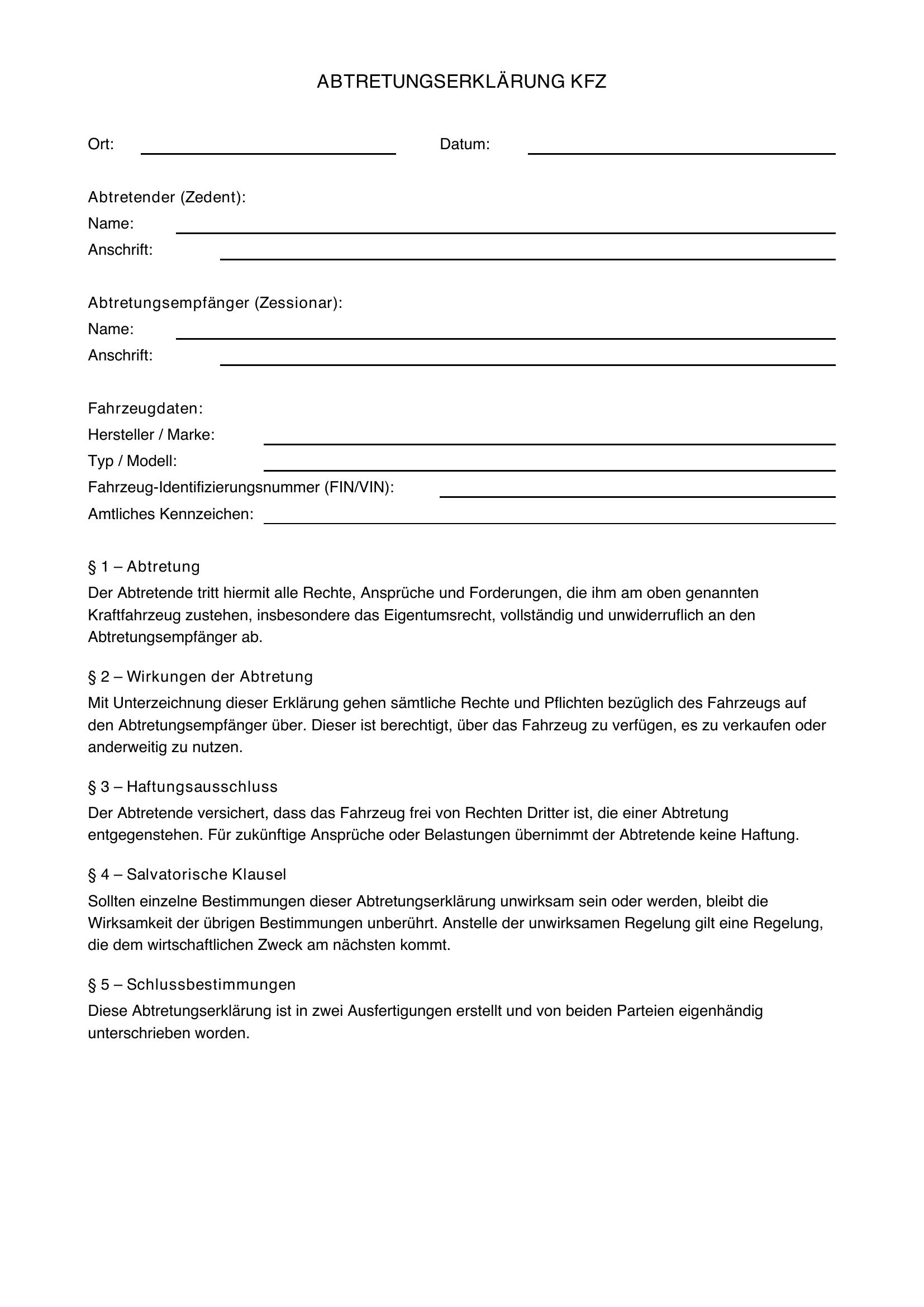 Abtretungserklärung Kfz Vordruck