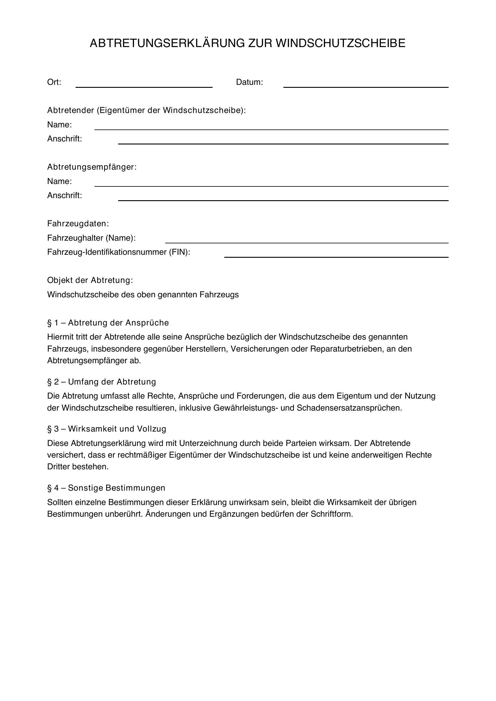 Abtretungserklärung Windschutzscheibe
