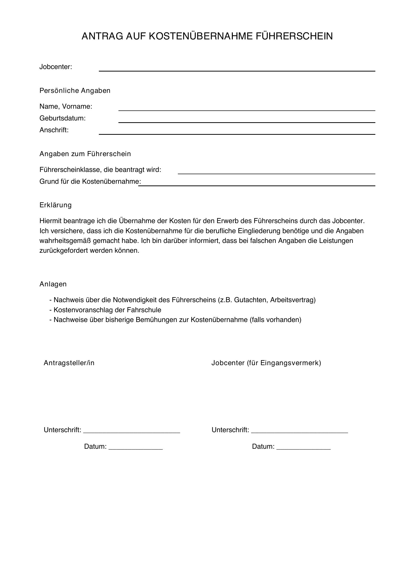 Vorlage Antrag Kostenübernahme Führerschein Jobcenter
