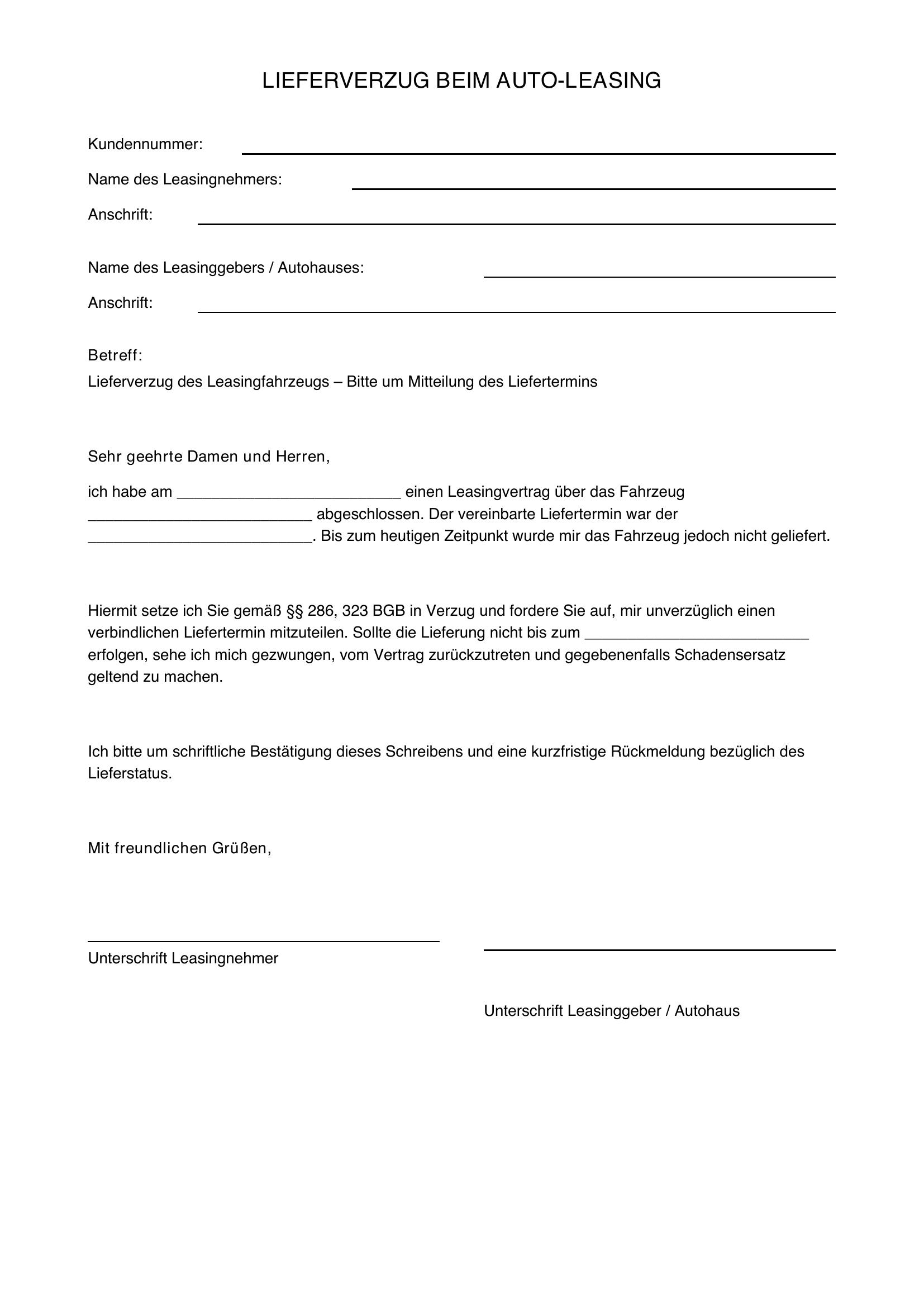 Auto Leasing Lieferverzug Musterbrief