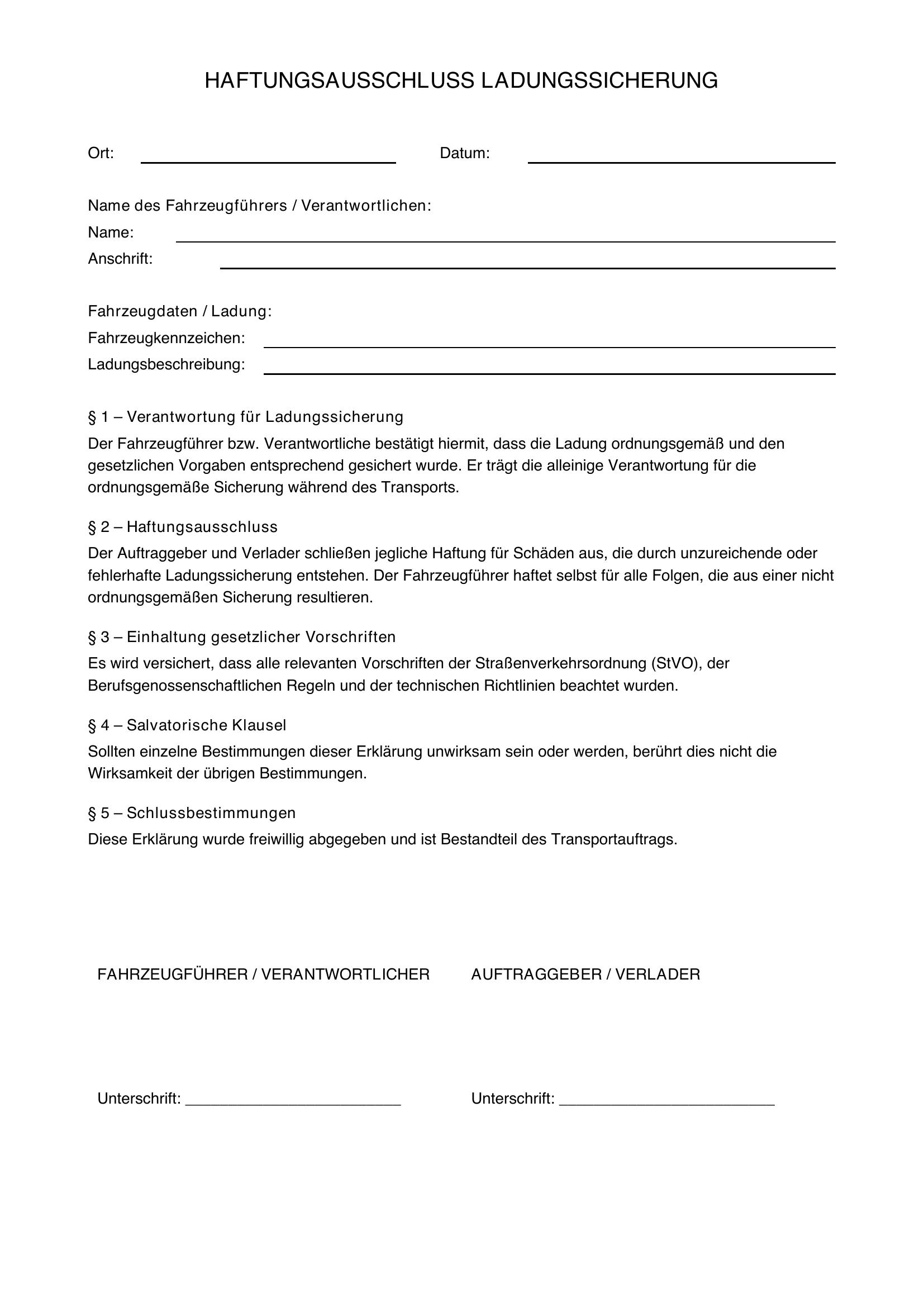 Vordruck Haftungsausschluss Ladungssicherung