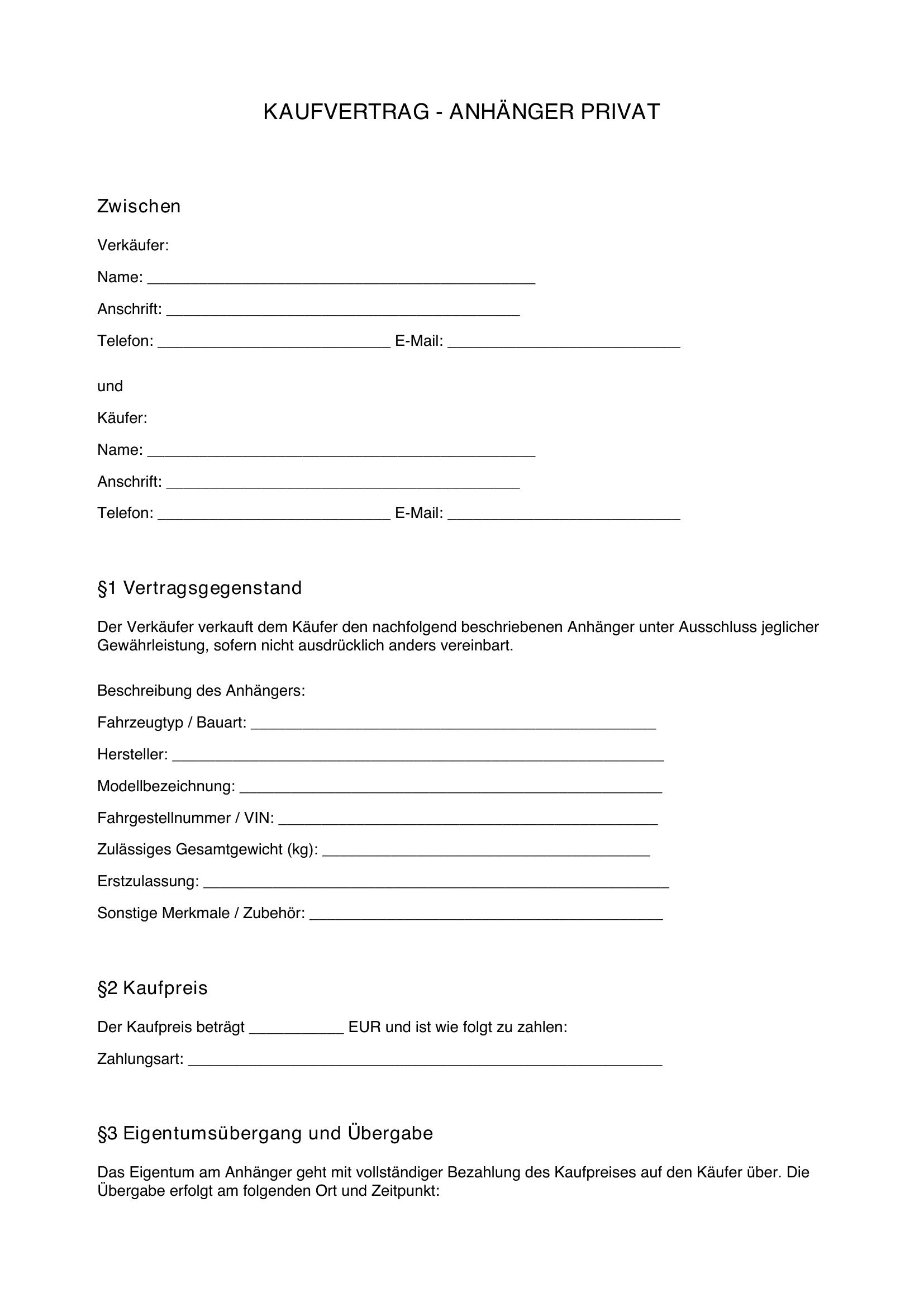 Anhanger Privat Verleihen Vertrag