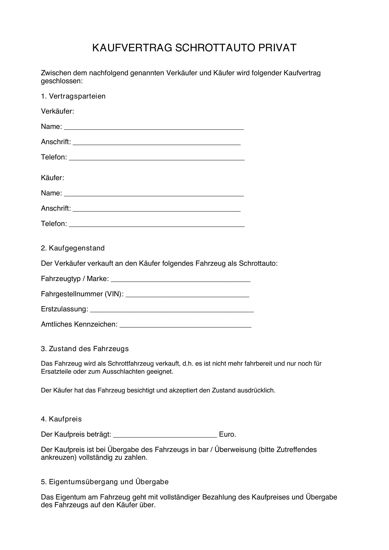 Kaufvertrag Schrottauto Privat
