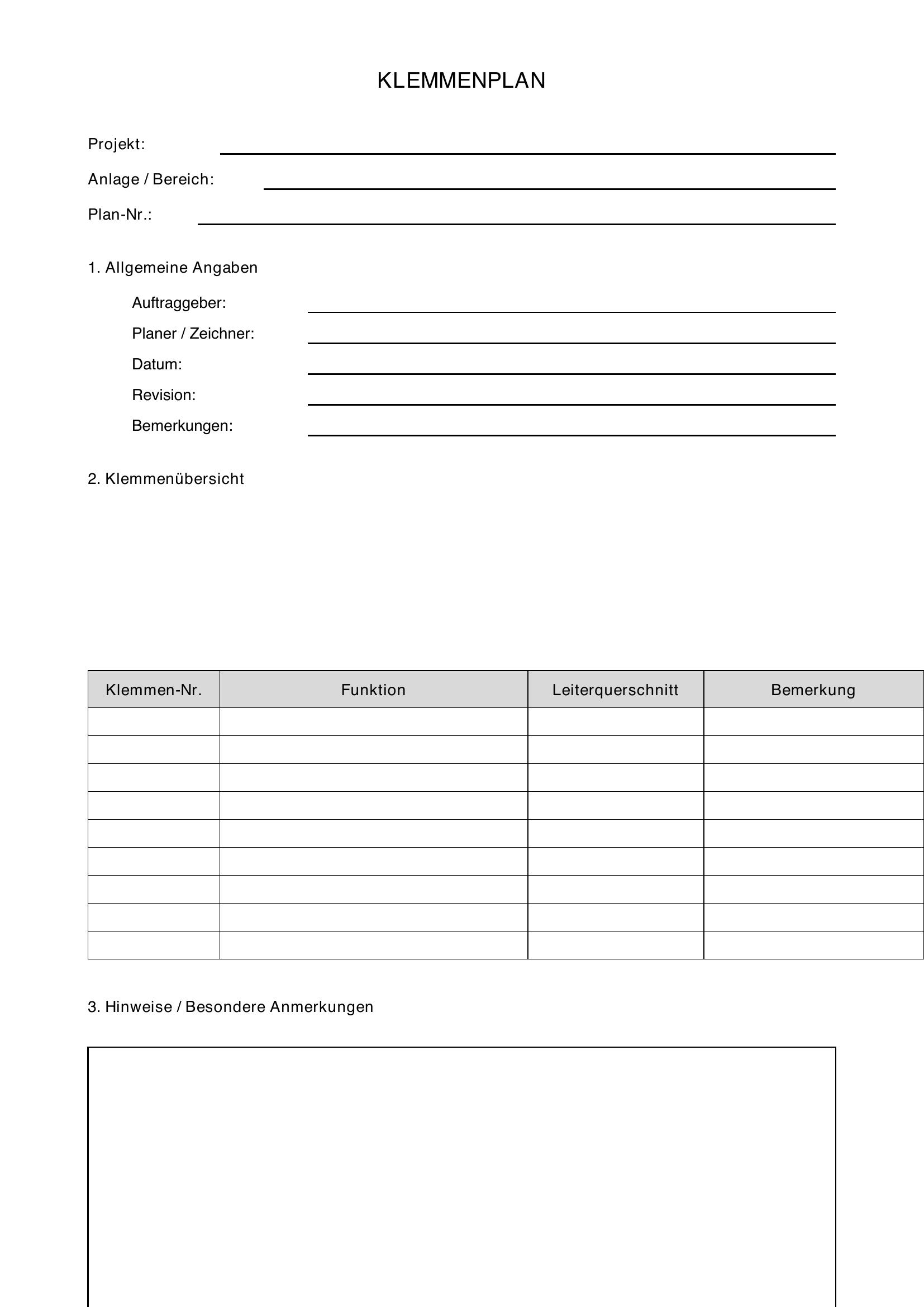 Klemmenplan Vorlage