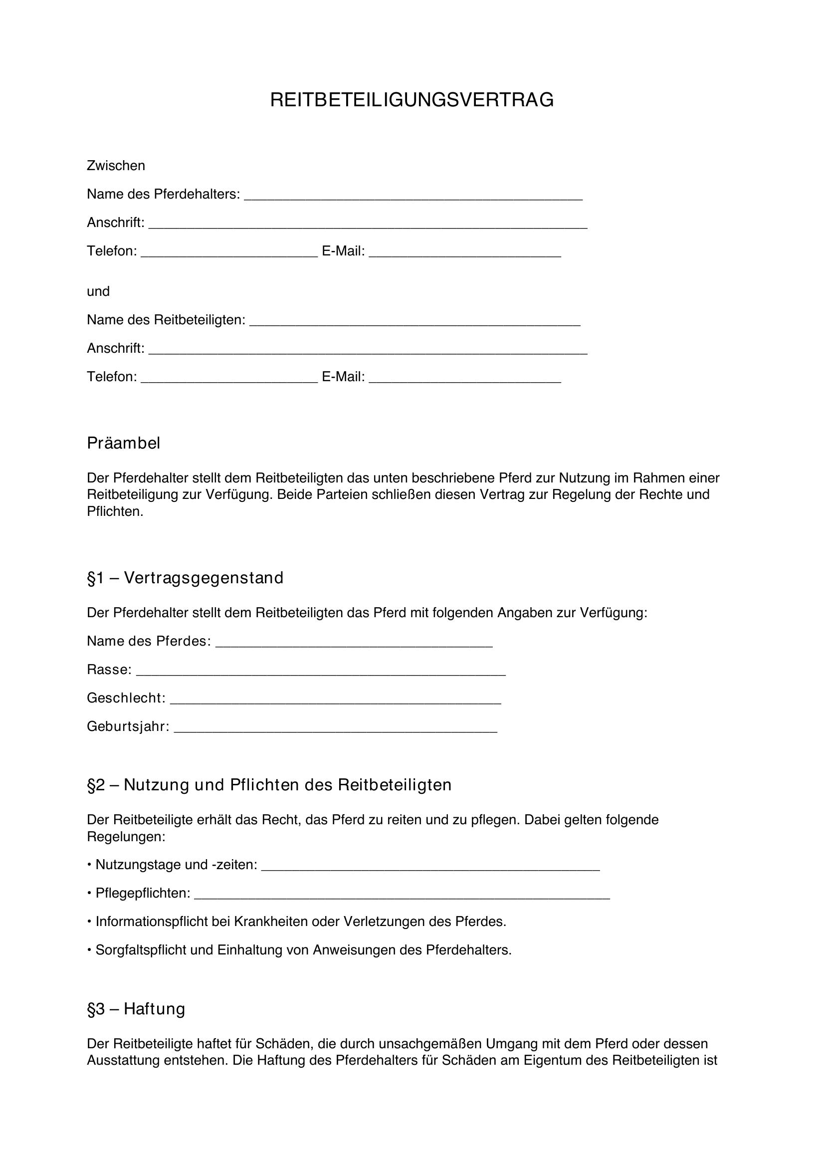 Reitbeteiligungsvertrag Vorlage Fn