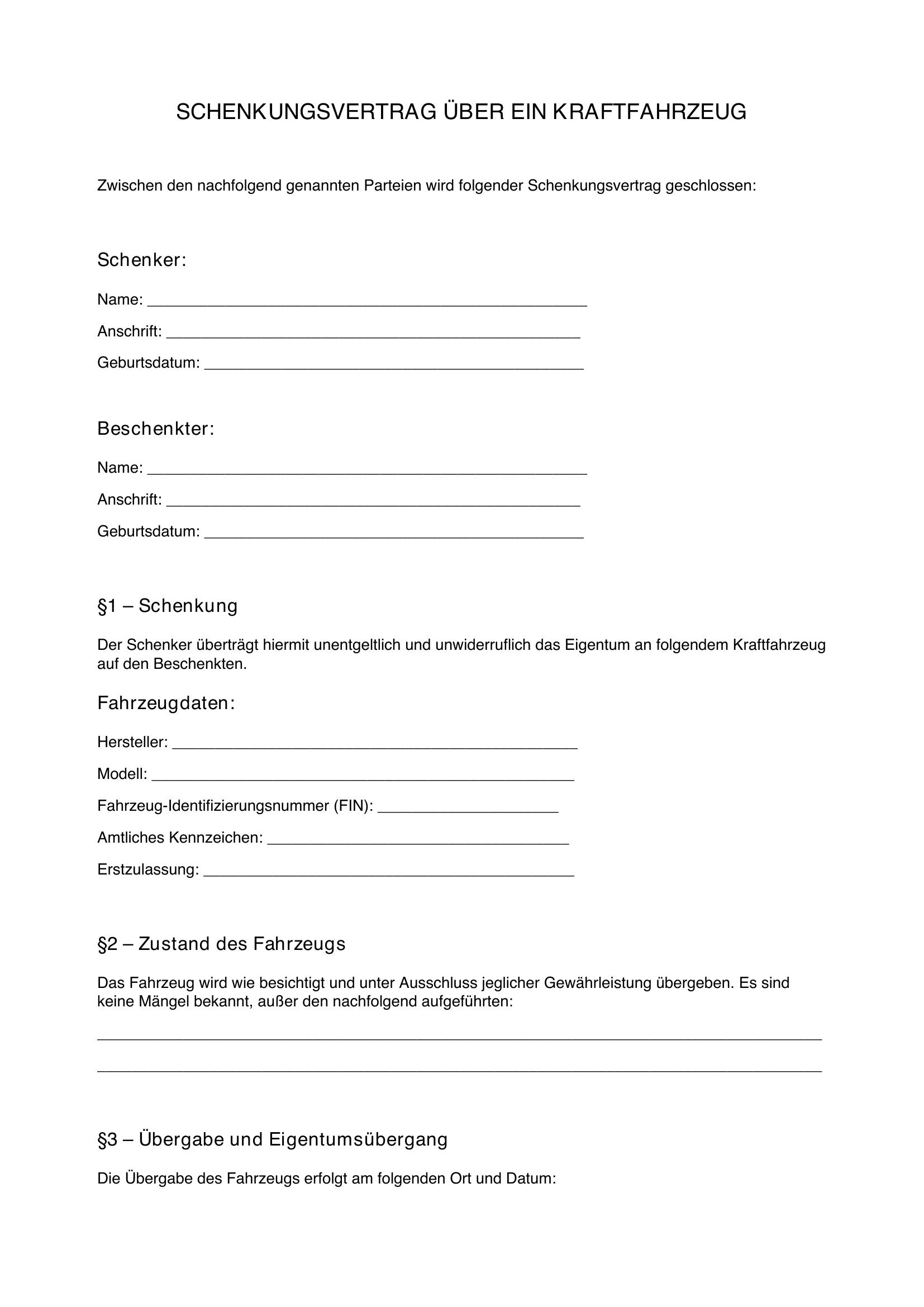 Schenkungsvertrag Auto