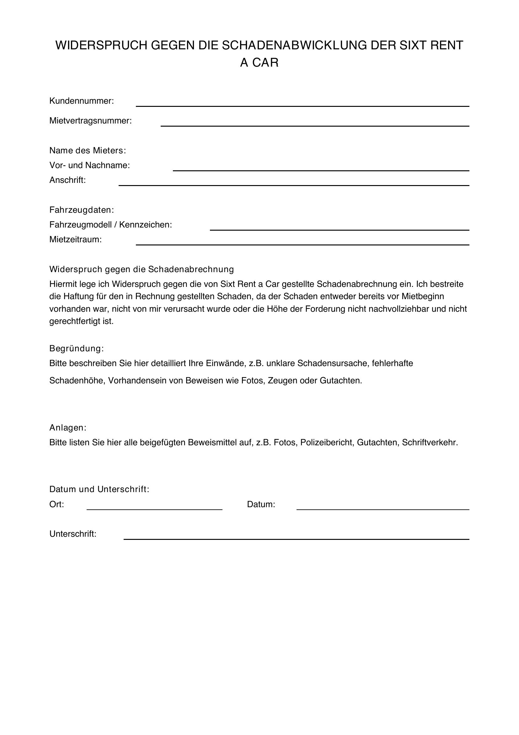 Sixt Schaden Widerspruch Vorlage