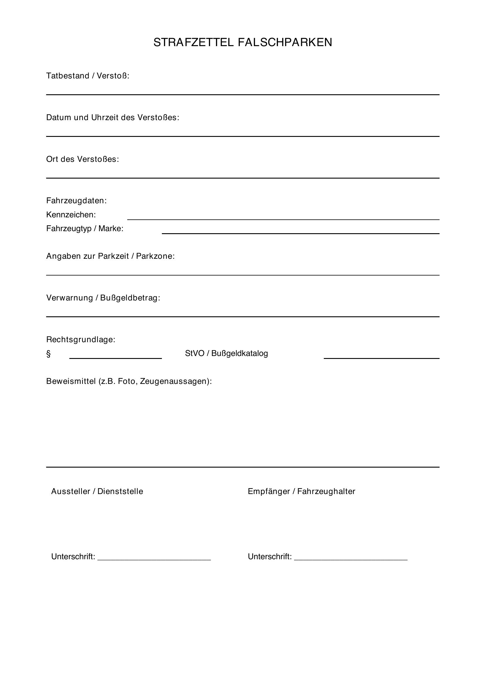 Strafzettel Falschparken Vorlage