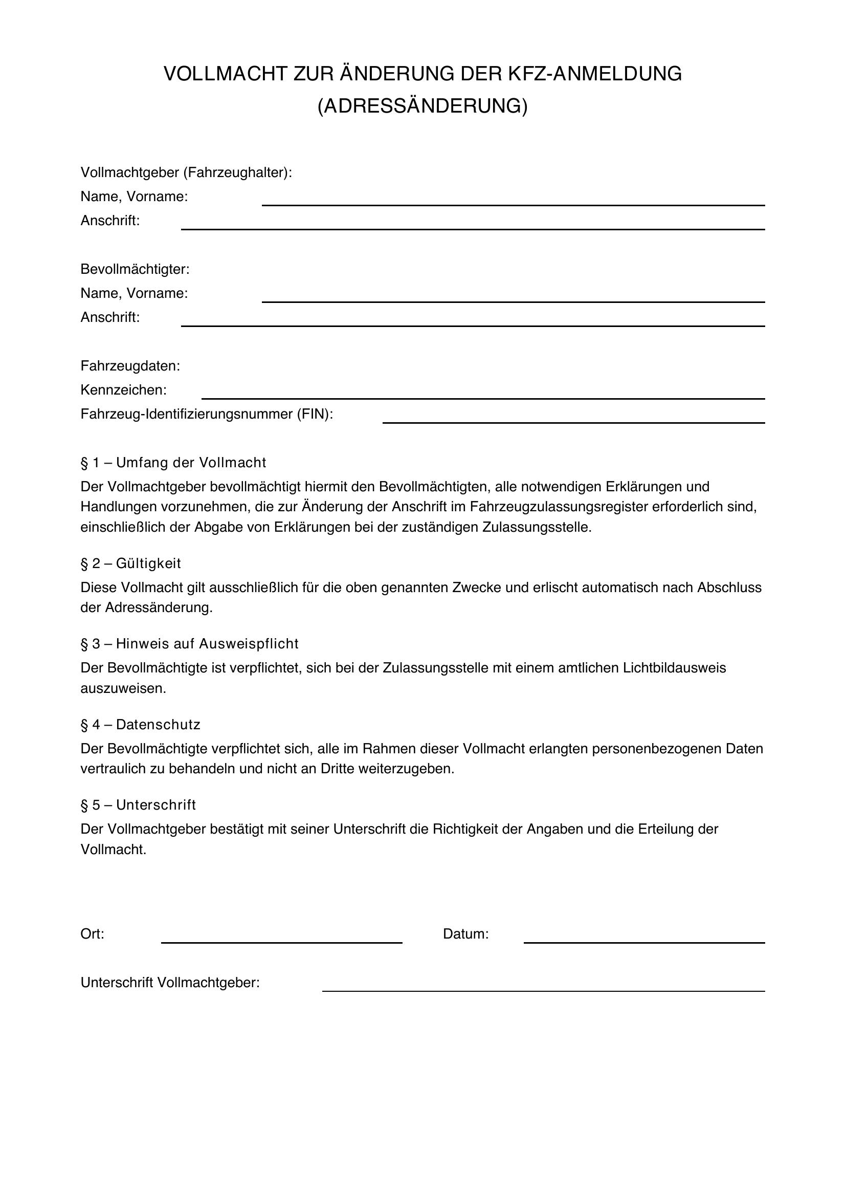 Vollmacht Kfz Adressänderung Vordruck
