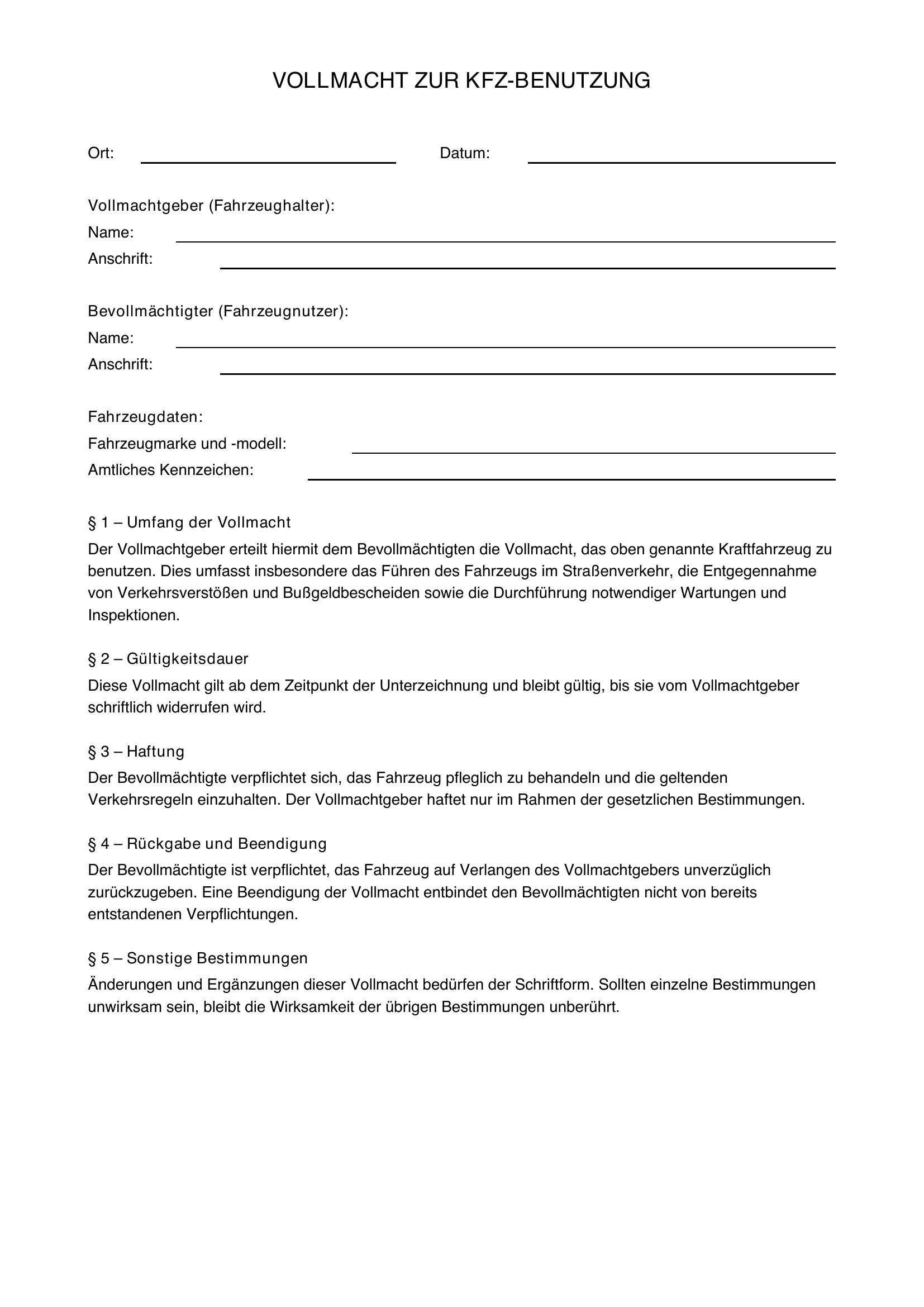 Vollmacht Kfz Benutzung
