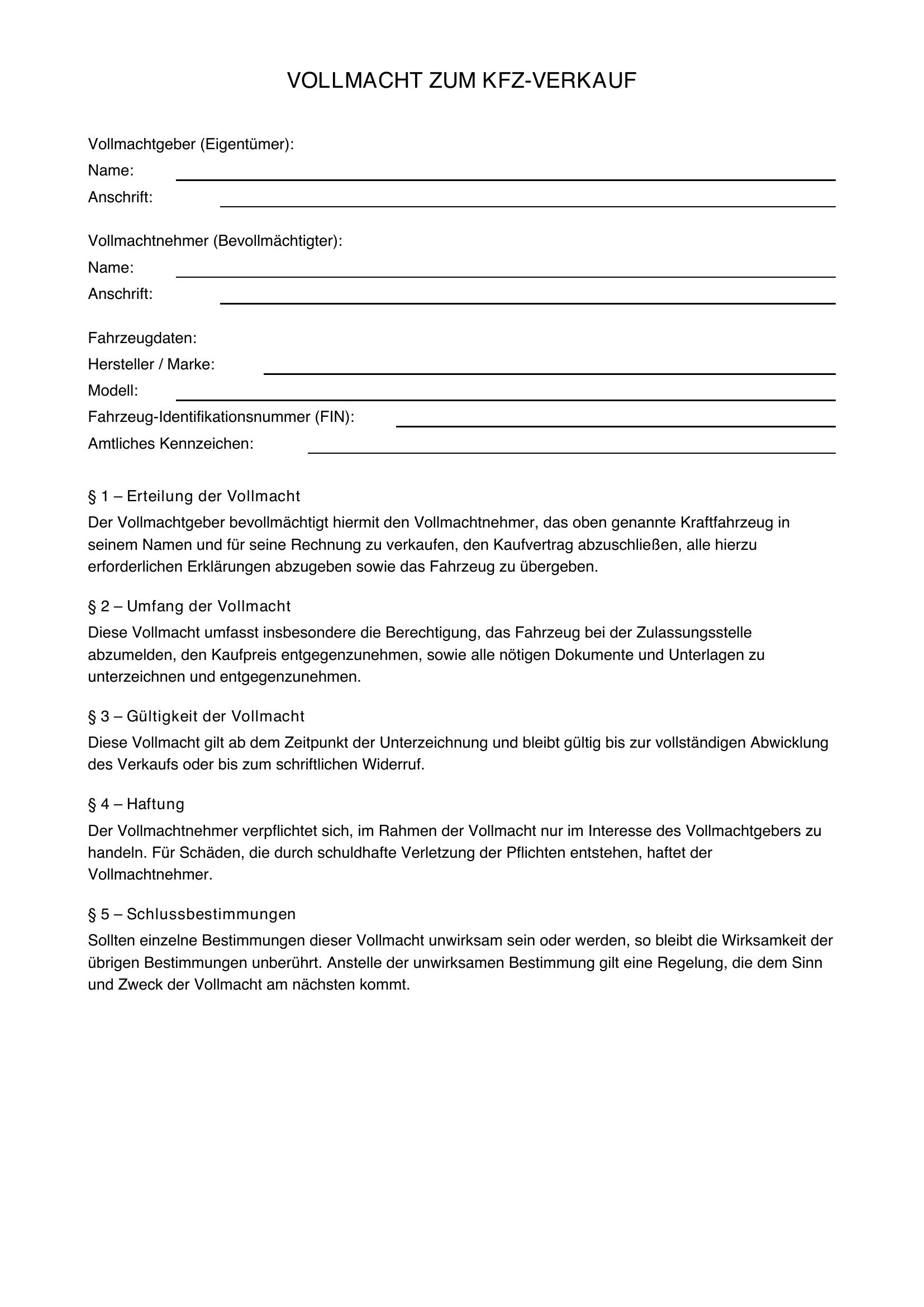 Vollmacht Kfz Verkauf