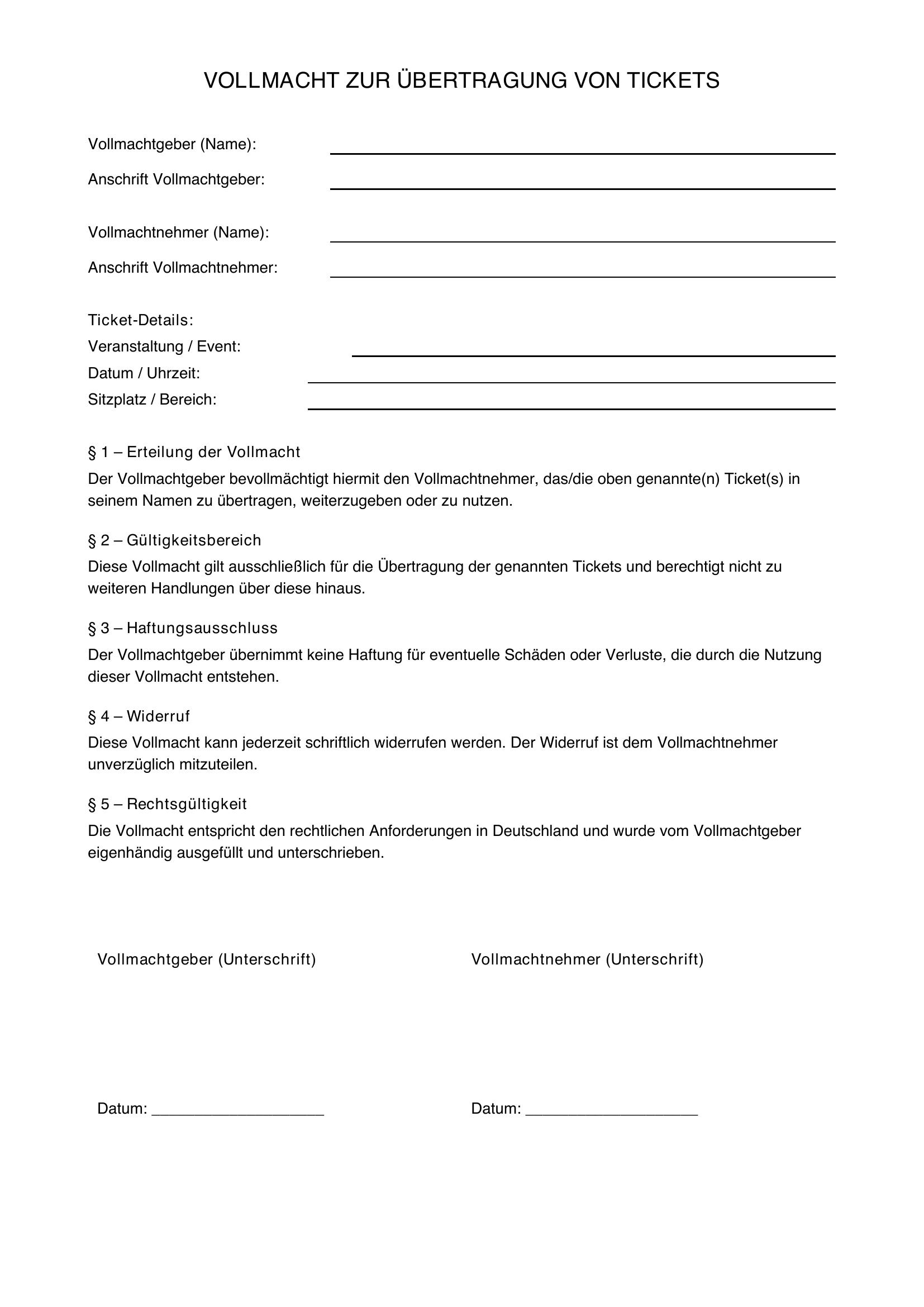 Vollmacht Ticket Übertragen