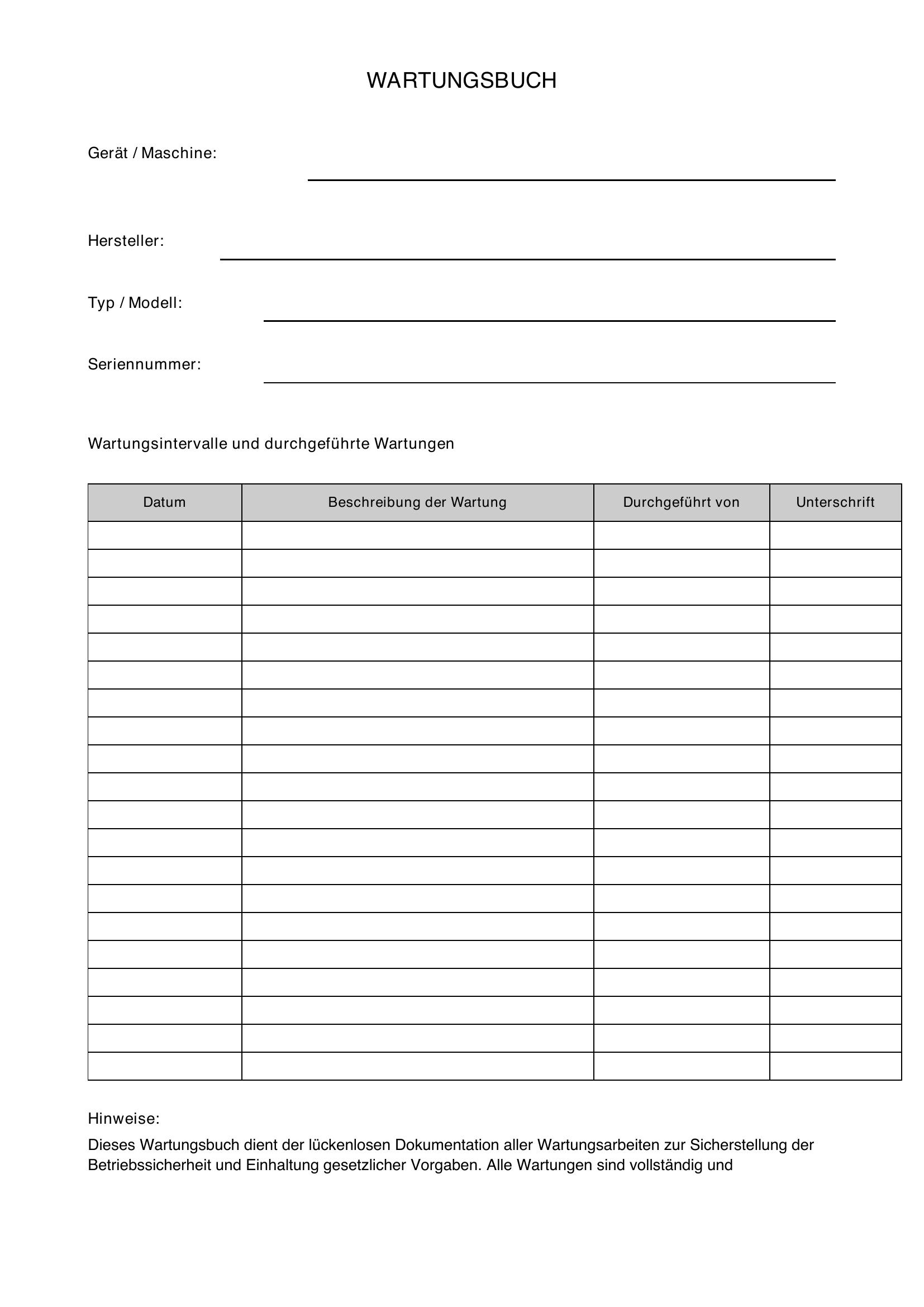 Wartungsbuch Vorlage