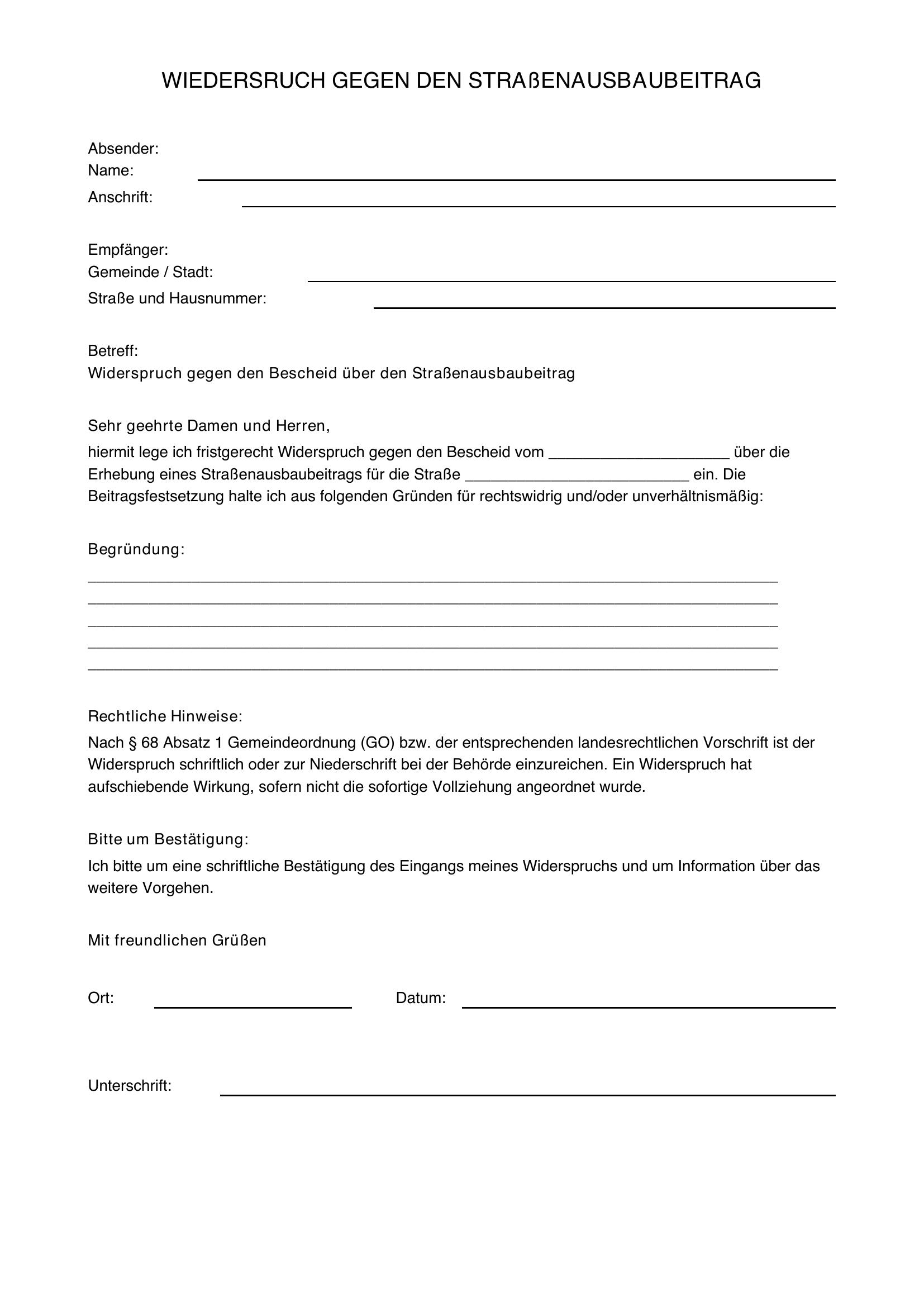 Widerspruch Straßenausbaubeitrag Musterbrief